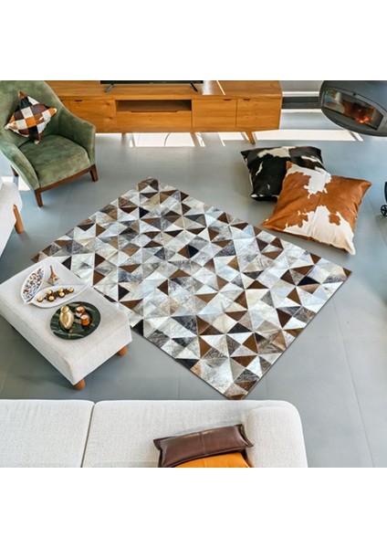 %100 Doğal Dana Derisi Kaymaz Taban Premium Patchwork Halı - Kahverengi Beyaz Siyah