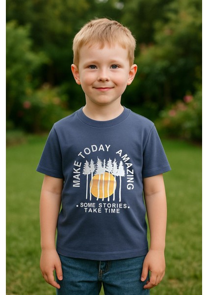 Erkek Çocuk %100 Pamuklu Baskılı Kısa Kollu Tişört - Indigo (3-4 Yaş 8-9 Yaş)