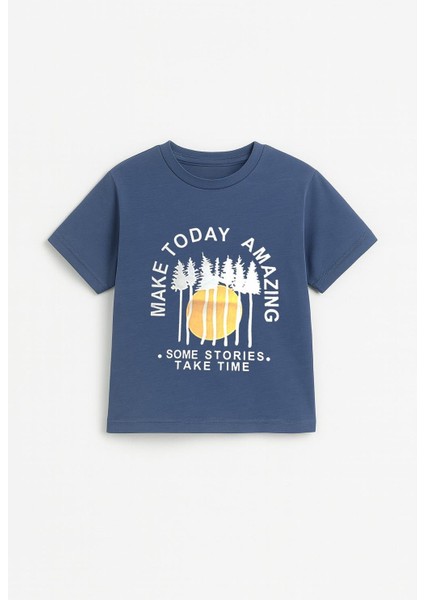Erkek Çocuk %100 Pamuklu Baskılı Kısa Kollu Tişört - Indigo (3-4 Yaş 8-9 Yaş) fiyatları