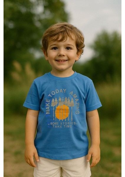 Erkek Çocuk %100 Pamuklu Baskılı Kısa Kollu Tişört - Mavi (3-4 Yaş 8-9 Yaş)