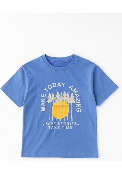 Erkek Çocuk %100 Pamuklu Baskılı Kısa Kollu Tişört - Mavi (3-4 Yaş 8-9 Yaş) fiyatları
