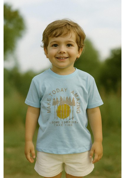Erkek Çocuk %100 Pamuklu Baskılı Kısa Kollu Tişört - Açık Mavi (3-4 Yaş 8-9 Yaş)