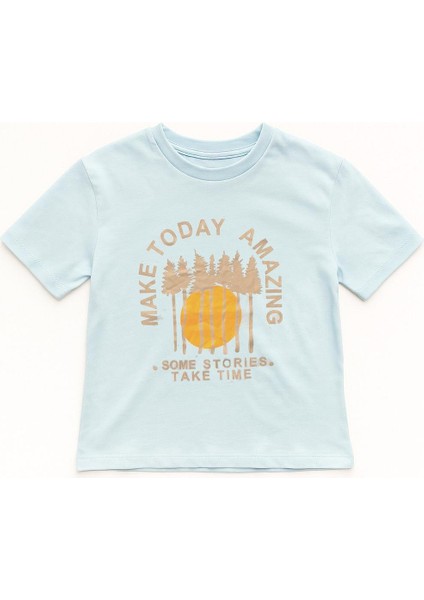 Erkek Çocuk %100 Pamuklu Baskılı Kısa Kollu Tişört - Açık Mavi (3-4 Yaş 8-9 Yaş) fiyatları