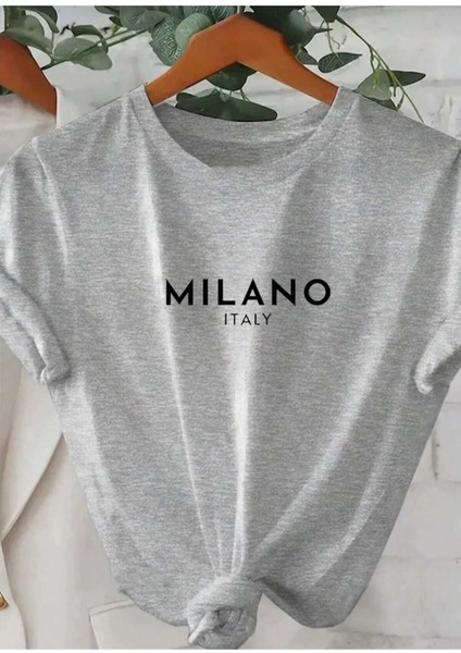 Oversize T-Shirt Milano Baskılı Gri Renk