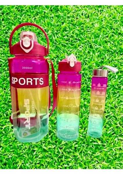 Sports Renkli Akrilik Spor 3lü Motivasyon Suluk Matara 3ADET 2000ML 900ML 350ML