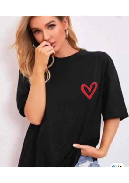 Oversize T-Shirt Kalp Baskılı Siyah Renk