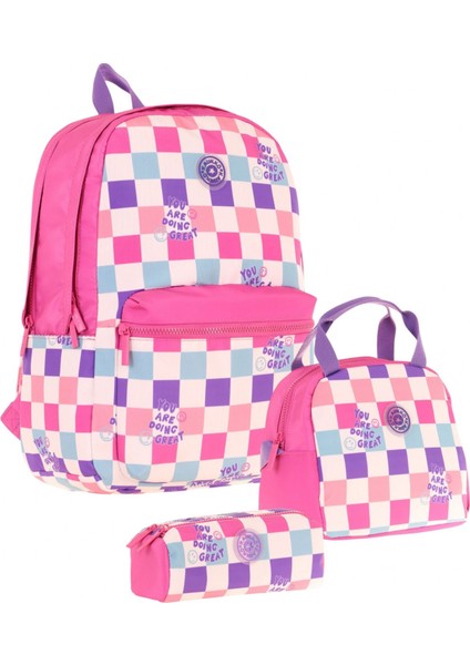 Nature Üçlü Kız Çocuk Okul Çanta Seti - Pembe - Dama Desenli