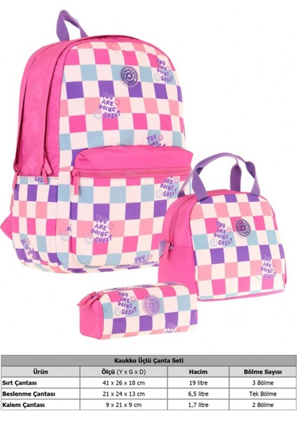 Nature Üçlü Kız Çocuk Okul Çanta Seti - Pembe - Dama Desenli fiyatları