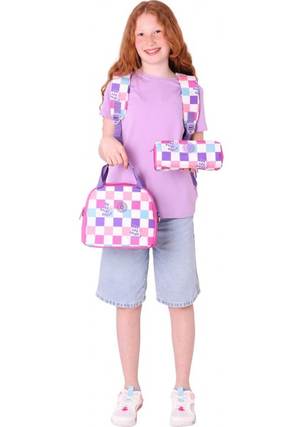 Nature Üçlü Kız Çocuk Okul Çanta Seti - Pembe - Dama Desenli modelleri