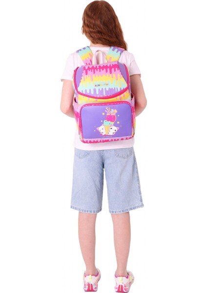 Iki Bölmeli Ergonomik Kız Çocuk Okul Çantası (Sarı Mor - Dondurma Baskılı) - L5247