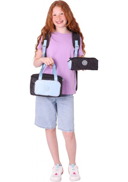 Çizgi Desenli Siyah Mavi Kız Çocuk Üçlü Okul Çanta Seti modelleri