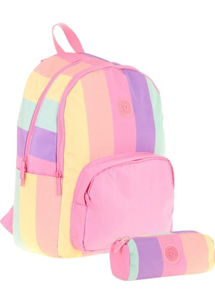 Çizgili Pembe Çok Renkli Kız Çocuk Okul Çantası ve Kalemlik Seti (Kk - K1802+KK - K2713)