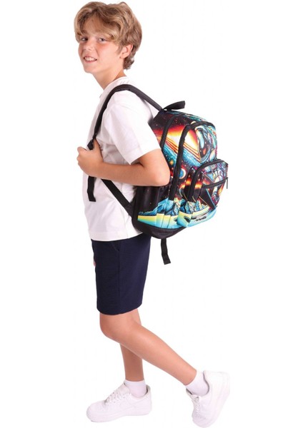 Dört Bölmeli (Erkek Çocuk - Siyah - Kayak Yapan Astonot) - Ilkokul Okul Sırt Çantası - L5272