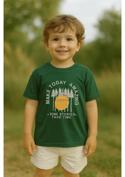 Erkek Çocuk %100 Pamuklu Baskılı Kısa Kollu Tişört - Yeşil (3-4 Yaş 8-9 Yaş)