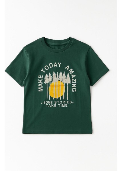 Erkek Çocuk %100 Pamuklu Baskılı Kısa Kollu Tişört - Yeşil (3-4 Yaş 8-9 Yaş) modelleri