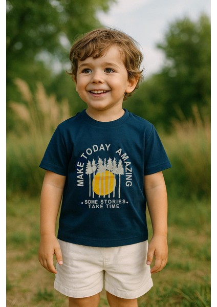 Erkek Çocuk %100 Pamuklu Baskılı Kısa Kollu Tişört - Lacivert (3-4 Yaş 8-9 Yaş)