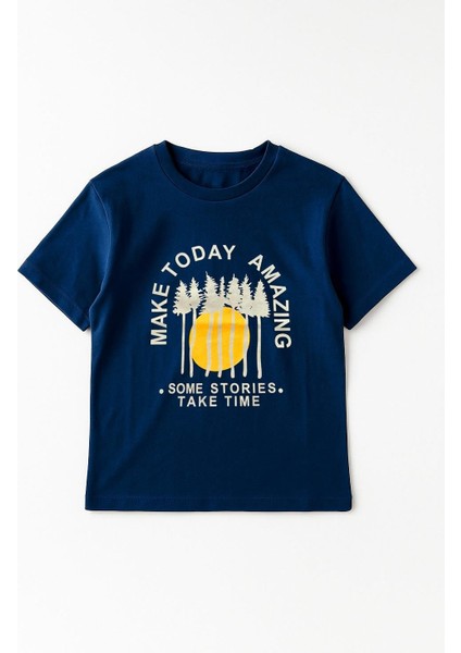 Erkek Çocuk %100 Pamuklu Baskılı Kısa Kollu Tişört - Lacivert (3-4 Yaş 8-9 Yaş) fiyatları