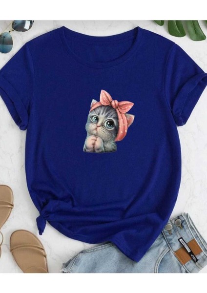Oversize T-Shirt Kedi Baskılı Mavi Renk