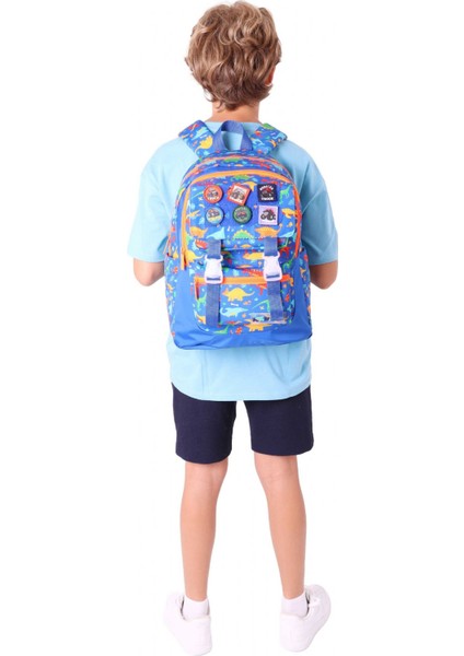 Kids Erkek Çocuk Armalı Dinazor Desenli Ilkokul Okul Sırt Çantası (Dört Bölmeli) - Mavi - L5278