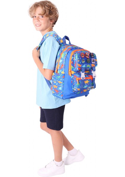 Kids Erkek Çocuk Armalı Dinazor Desenli Ilkokul Okul Sırt Çantası (Dört Bölmeli) - Mavi - L5278