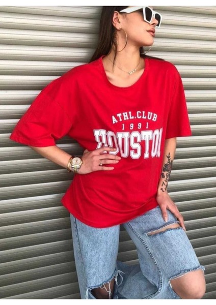 Oversize T-Shirt Houston Baskılı Kırmızı Renk