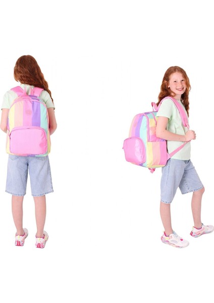 Çizgili Pembe Çok Renkli Kız Çocuk Okul Çantası ve Kalemlik Seti (Kk - K1802+KK - K2713) modelleri