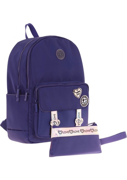 Parlak Love Şeritli Lacivert Okul Çantası ve Cüzdan Tipi Kalemlik Seti (KK-K1843+KK-K2754)