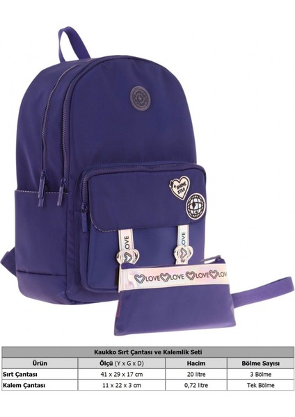 Parlak Love Şeritli Lacivert Okul Çantası ve Cüzdan Tipi Kalemlik Seti (KK-K1843+KK-K2754) fiyatları