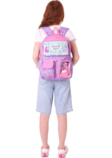 Kız Çocuk Peluş Flamingolu Ilkokul Okul Sırt Çantası - Mor Pembe - L5240