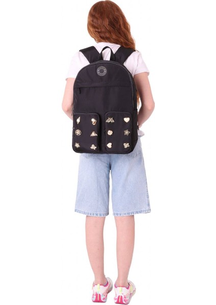 Fancy Kız Çocuk Metal Aksesuarlı Siyah Beş Gözlü Okul Sırt Çantası - K1831