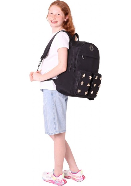 Fancy Kız Çocuk Metal Aksesuarlı Siyah Beş Gözlü Okul Sırt Çantası - K1831