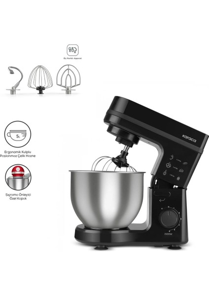 Chef 5 L Lik Paslanmaz Çelik Hazneli Stand Mikser Siyah 1500W Ultra Güçlü Motor
