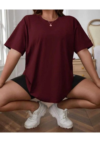 Oversize T-Shirt Baskılı Bordo Renk