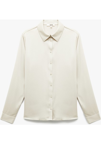 Klasik Yaka Düğmeli Uzun Kollu Saten Gömlek