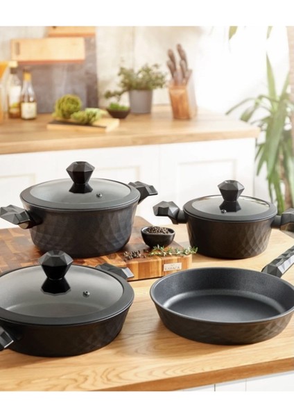 Bio Diamond Antibakteriyel Kulplu Indüksiyon Tabanlı 7 Parça Tencere Seti