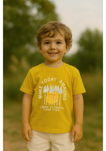Erkek Çocuk %100 Pamuklu Baskılı Kısa Kollu Tişört - Sarı (3-4 Yaş 8-9 Yaş)