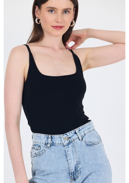 Siyah Ince Askılı Çıtçıtlı Bodysuit 13255