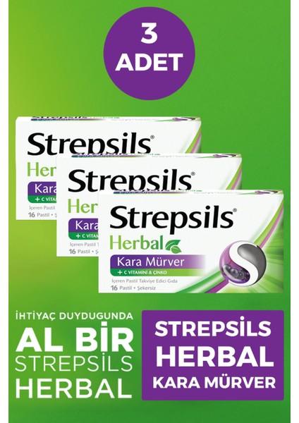 Strepsils Herbal Kara Mürver Aromalı 16 Pastil 3 Adet