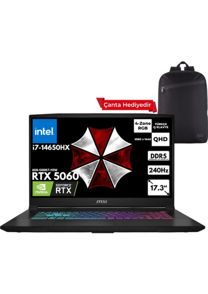 Msı Katana 17 Hx I7-14650HX 64-Gbddr5 1 Tbssd RTX5060 (8GB-GDDR7-115W) 17.3" Qhd 240Hz Windows 11 Pro + Sırt Çantası B14WFK-215XTRHMF18