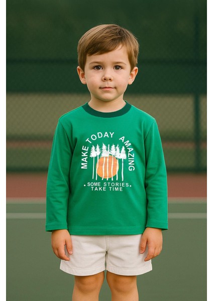 Erkek Çocuk %100 Pamuk Baskılı Uzun Kollu Tişört - Yeşil (3-4 Yaş 8-9 Yaş)