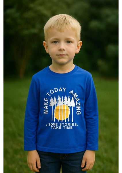 Erkek Çocuk %100 Pamuk Baskılı Uzun Kollu Tişört - Saks (3-4 Yaş 8-9 Yaş)