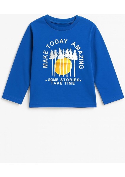 Erkek Çocuk %100 Pamuk Baskılı Uzun Kollu Tişört - Saks (3-4 Yaş 8-9 Yaş) fiyatları