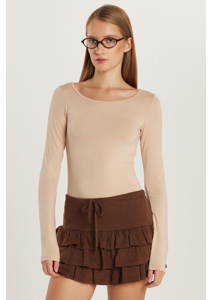 Kadın Slim Fit Dar Kesim Uzun Kollu Viskon Bej Bluz