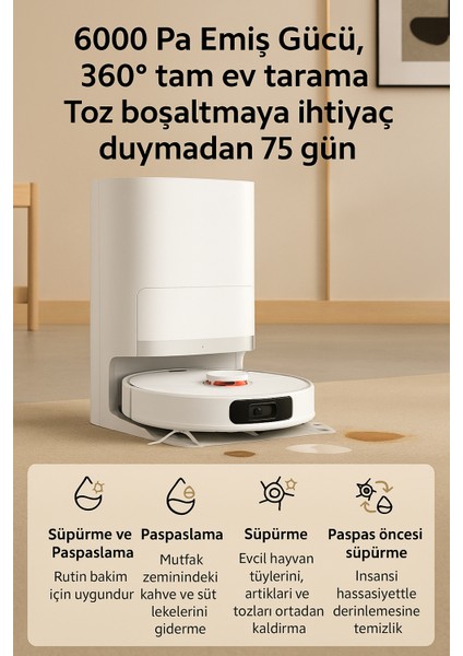Akıllı Robot Süpürge – Evinizi Kendi Kendine Süpürür ve Siler, Toz Boşaltmaya İhtiyaç Duymadan 75 Gün + Yedek Fırça,Hepa Filtre,Mop Seti-11 Parça