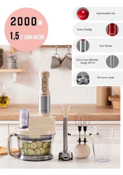 Mastermaid Premium Pro Paslanmaz Çelik Bıçaklı 2000W Mutfak Robotu, Soft Cream