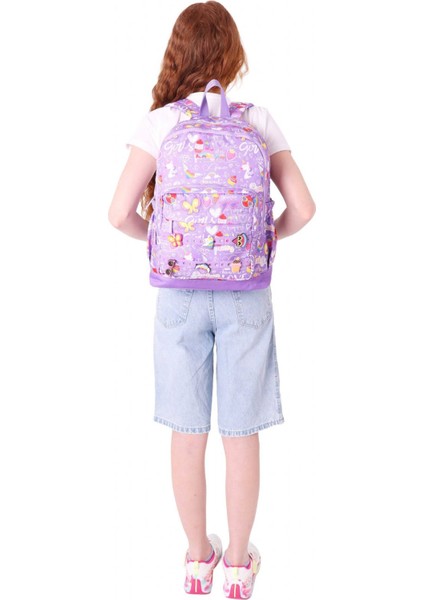 Kids Dört Bölmeli Kız Çocuk Silikon Aksesuarlı Mor Ilkokul Çantası