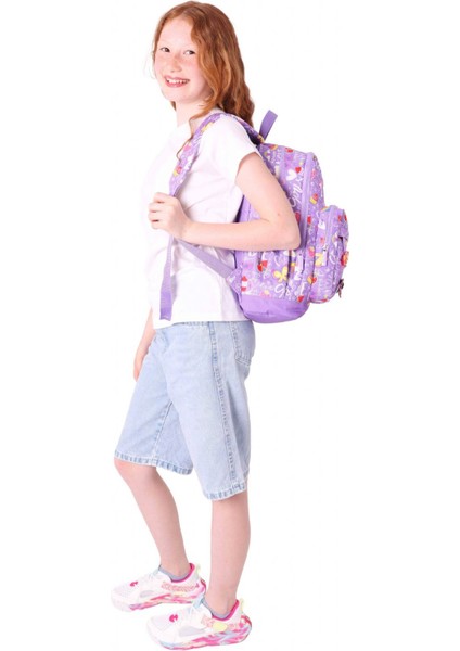 Kids Dört Bölmeli Kız Çocuk Silikon Aksesuarlı Mor Ilkokul Çantası
