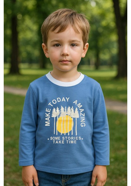 Erkek Çocuk %100 Pamuk Baskılı Uzun Kollu Tişört - Mavi (3-4 Yaş 8-9 Yaş)