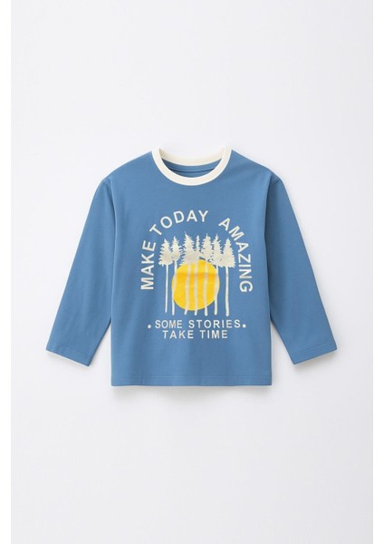 Erkek Çocuk %100 Pamuk Baskılı Uzun Kollu Tişört - Mavi (3-4 Yaş 8-9 Yaş) fiyatları