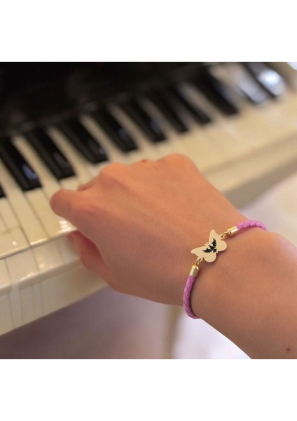 Kral Kartal Temalı 14 Ayar Altın Plakalı Pembe Derili Kelebek Motifli Hediye Bileklik-455SEMBOL